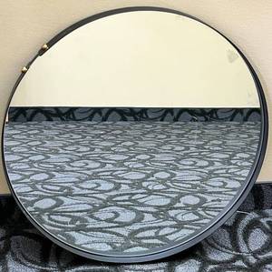 lot 744 image: Round Wall Mirror - Black Metal Frame & Gold Rivet Accents
