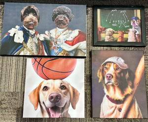 lot 749 image: Dog Wall Art Set - 4 Framed Prints Regal Duo, Chalkboard Dogs, Basketball Dog, Baseball Cap Dog