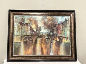 lot 750 image: Framed City Bridge Landscape Painting - Autumn River Scene