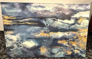 lot 754 image: Painting - Abstract Ocean Waves Blue & Gold Canvas Art