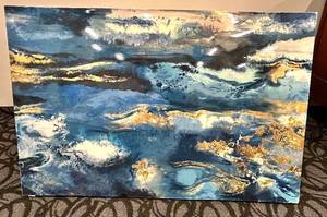 lot 755 image: Abstract Blue Ocean Canvas Painting with Gold Leaf Accents