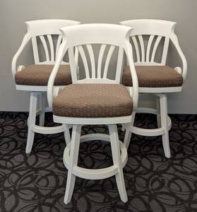 lot 27 image: Bar Height Stools Set of 3 - White Frames with Brown Pattern Cushions