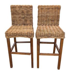 lot 38 image: Safavieh Tobie Rattan Bar Stools Pair - 18W x 17D, Seat 30H, Back 42H