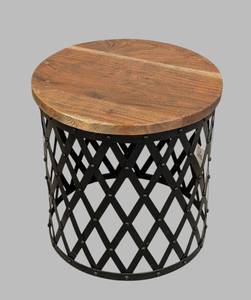 lot 79 image: Round Wood-Top Accent Table - Black Metal Lattice Base, 18 in H x 18 in Dia