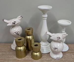 lot 82 image: Decorative Ceramic Birds & Candle Holders - Crackled White Finish, Largest Holder 14 inches Tall