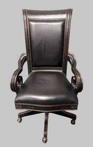 lot 575 image: FOOKYIK Leather & Wood Office Chair - Rolling, 25 W x 24 D x 21 in seat x 43 in back