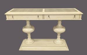 lot 580 image: Bassett Cream Painted Wood Console Table - 64 in L x 18 in D x 38 in H - Glass Top Panels