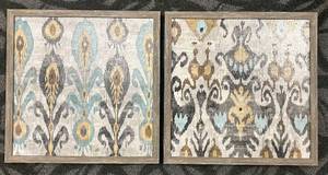 lot 215 image: Two Framed Textile Wall Art Panels - 17 x 17 in Damask & Ikat Pattern