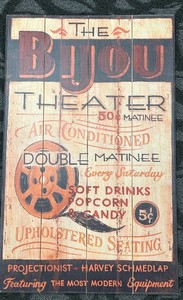 lot 217 image: Bijou Theater Sign - Wood Advertising Plaque 20 x 30 in - Air Conditioned & Double Matinee