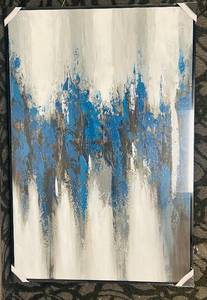 lot 230 image: Abstract Painting - Blue & Gray Vertical Artwork, Framed 32 x 47 in
