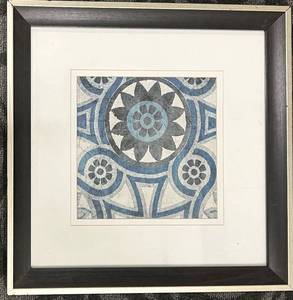lot 259 image: Framed Blue Tile Pattern Art Print - Circular Floral Motif, 23 x 23 in