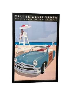 lot 274 image: Cruise California Travel Poster - Down the Pacific Coast Highway Framed 25x37