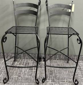 lot 552 image: Wrought Iron Chairs - Slatted Seats & Scroll Legs (Lot of 2) #1