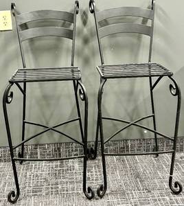 lot 553 image: Wrought Iron Bar Stools - Slatted Seat - Black (Lot of 2) #2
