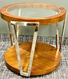 lot 557 image: End Table - Round Wood & Glass with Metal Frame #1