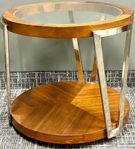 lot 558 image: End Table - Round Wood & Glass with Metal Frame #2
