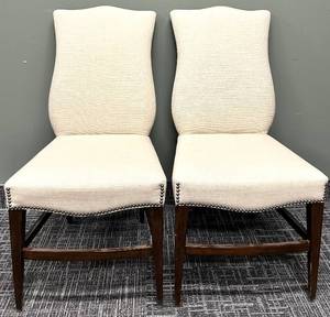 lot 567 image: Vanguard Furniture Pair Upholstered Dining Chairs - Beige Linen, Nailhead Trim