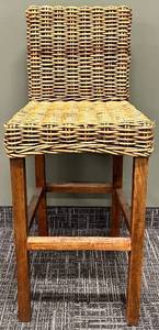 lot 569 image: Safavieh Woven Wicker Bar Stool with Back - Natural Tan & Dark Wood