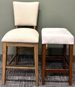 lot 574 image: HEKMAN Chair & Howard Miller Stool Set - Beige Upholstery Wood Frame