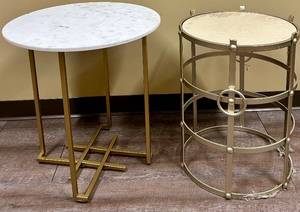 lot 936 image: Round Marble-Top Side Table & Circular Metal Cage Base - Set of 2 - Damage