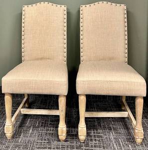 lot 939 image: Pair of Beige Upholstered Dining Chairs & Nailhead Trim on Wood Legs