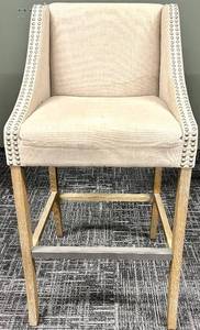 lot 941 image: Bar Stool - Beige Nailhead Upholstered with Wood Legs & Footrest