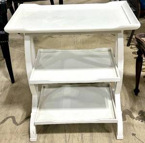 lot 949 image: White Wood 3-Tier End Table - X-Frame Legs