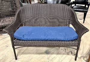 lot 950 image: Style Selections Wicker Bench with Cushion - 42 x 18 x 2.75 in