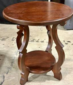 lot 956 image: Round Wooden End Table with Lower Shelf & Carved Legs - Dark Brown Finish