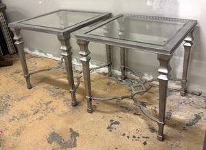 lot 967 image: Bassett Mirror Co. Pair of Silver-Toned Glass-Top Accent Tables