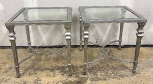 lot 975 image: Pair of Silver-Tone Glass-Top Accent Tables