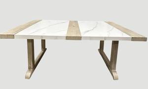 lot 1023 image: Faux Stone & Wood Outdoor Table 78 x 40 x 30 in with Center Umbrella Hole