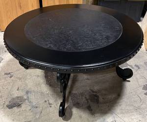 lot 900 image: Painted Round Black Wrought Iron Coffee Table with Studded Edge & Ornate Scroll Base
