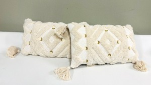 lot 347 image: Cream Throw Pillows 10 x 19 Inches - Pair with Diamond Pattern & Tassels
