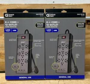lot 104 image: Commercial Electric 6 FT Cord  12 Outlet Surge Protector lot of 2