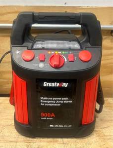 lot 130 image: GreatWay Jump Starter with Air Compressor and LED Light, 12 Volts, 900 Peak Amps, Model# GM038C
