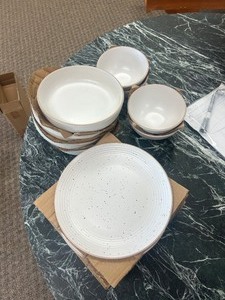 lot 47 image: Stone  Lain - Lauren 12-Piece Dinnerware set, Stoneware, White Speckled - MSRP $95