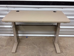 lot 34 image: Vintage Industrial Sit-Stand Desk  Manual Height-Adjustable T-Leg Workstation. 48 inches wide 23 12 inches deep.