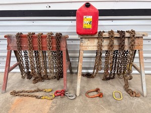 lot 36 image: Lot of 10 Heavy-Duty Transport Chains, Rigging Clevises, and 5-Gallon Gas Can