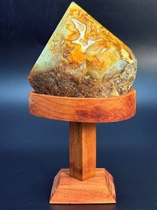 Natural Yellow Banded Agate Flame Point on Custom Pedestal Wood Stand. (15.5 oz  441 g)