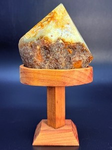 Natural Yellow Banded Agate Flame Point on Custom Pedestal Wood Stand. (15.5 oz  441 g)
