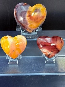 Set of 3 AAA Genuine Mookaite Jasper Polished Crystal Hearts - Rare Earth Tones. (11.7 oz  333 g)