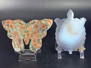 Hand-Carved Gemstone Pair Ocean Jasper Butterfly &amp Agate Geode Turtle. (8.2 oz  233 g)