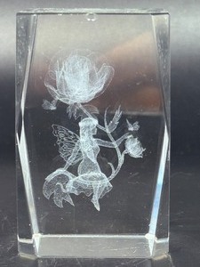 Vintage 3D Laser Etched Crystal Glass Paperweight - Winged Fairy &amp Lotus Flower. (1 lb .2 oz  460 g)