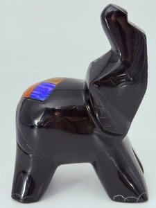 Vintage Hand-Carved Black Obsidian Elephant Figurine - Semi-Precious Stone Inlay - Trunk Up for Good Luck. (7.5 oz  214 g)