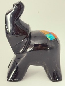 Vintage Hand-Carved Black Obsidian Elephant Figurine - Semi-Precious Stone Inlay - Trunk Up for Good Luck. (7.5 oz  214 g)