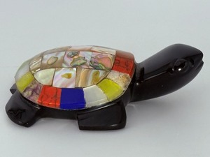 Artisan Hand-Carved Black Obsidian &amp Mosaic Abalone Turtle Figurine. (5.5 oz  158 g)