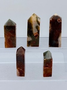 Set of 5 Natural Red Moss Agate Crystal Towers  Rare Iron Oxide Inclusions. (1 lb 2.1 oz  514 g)