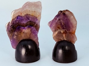 Pair of Polished Chevron Amethyst Stalactite Slices on Custom Wooden Stands. (6.7 oz  190 g)