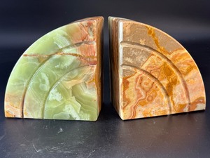 Vintage Art Deco Green &amp Amber Multi-Color Onyx Half-Moon Bookends. (15 lbs 8 oz  7 kg 33 g) &nbsp